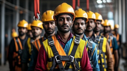 Professional industrial workers in safety gear at V.K. Insulations - Expert team with yellow hard hats and high-visibility vests